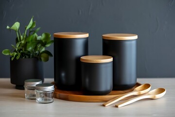 Modern matte black kitchen canisters with natural wood lids and wooden spoons on a wooden board with green plant