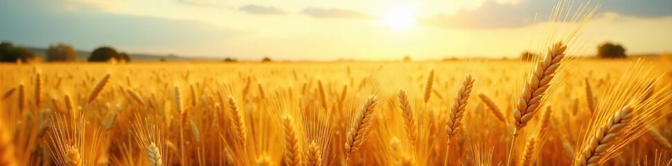 Golden wheat field shimmering under a bright sun, ripe for harvest Abundant stalks sway gently in the breeze, a breathtaking display of autumnal bounty , abundance, rural, grain