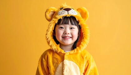 A smiling young girl with down syndrome in a cheerful yellow lion costume poses against a vibrant yellow background. Kids with Down syndrome wearing Halloween costume.