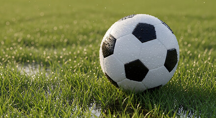 A soccer ball rests on a lush green field, partially wet with dew or rain.