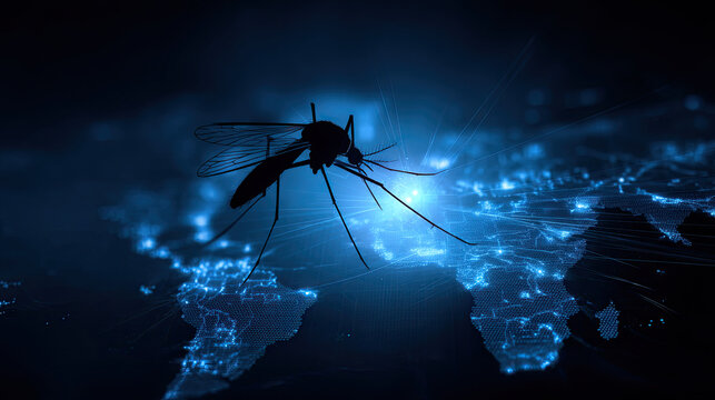 Silhouette of a mosquito hovering above a glowing blue world map illustration. - Powered by Adobe