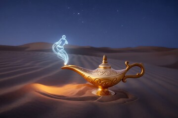 Naklejka premium Magical golden genie lamp emitting ethereal blue smoke in a vast desert under a starry night sky