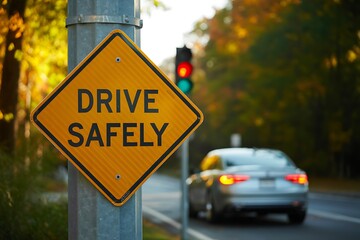 A bright yellow diamond shaped sign with the words drive safely in bold black letters is mounted on a pole with a traffic light visible in the background