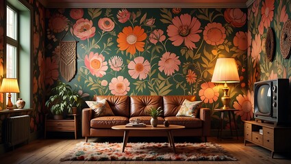 Cozy vintage living room with a large floral wallpaper plush sofa and retro television set creating a warm and inviting atmosphere