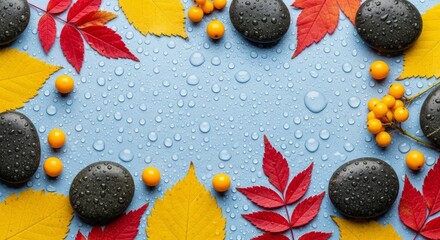 Autumnal zen composition with leaves, stones, and berries on blue background, water drops, spa, wellness