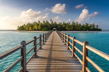 Obraz premium A picturesque wooden pier extends across vibrant turquoise water towards a lush tropical island dotted with palm trees under a bright sky