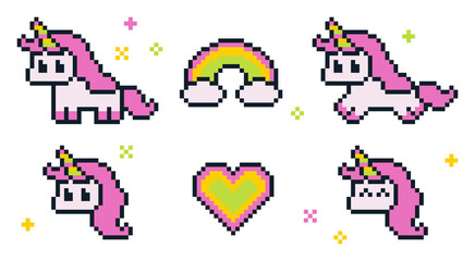 Naklejka premium 8-bit pixel art cute unicorn set including unicorn body, unicorn face, pastel rainbow colors, and heart decorations for fantasy kawaii style game and design assets