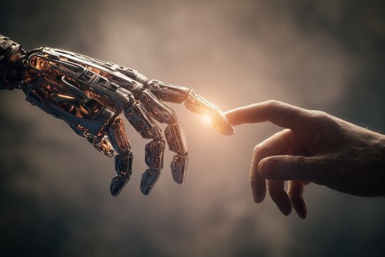 Connection between human and machine in a futuristic setting highlighting innovation and technology