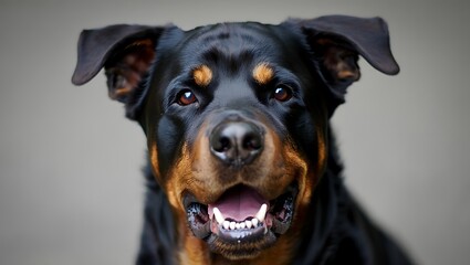Obraz premium Close up portrait of a majestic rottweiler dog with its mouth open and tongue slightly visible against a neutral background