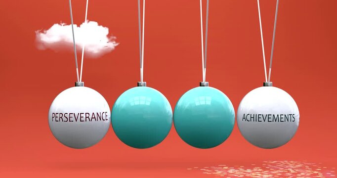 Perseverance leads to achievements. Cause and effect relation between perseverance and achievements. A Newton cradle metaphor in which perseverance gives power to achievements. Can be looped. 