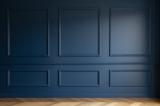 Elegant dark blue paneled wall with subtle light and shadow creating a sophisticated interior design backdrop for modern spaces