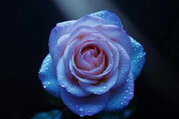 A single ethereal blue and pink rose glistens with delicate water droplets under a soft dramatic spotlight against a dark background