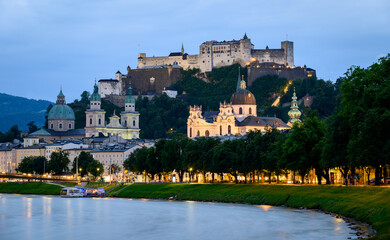 Salzach River and cityscape of Salzburg, birthplace of Mozart in Austria