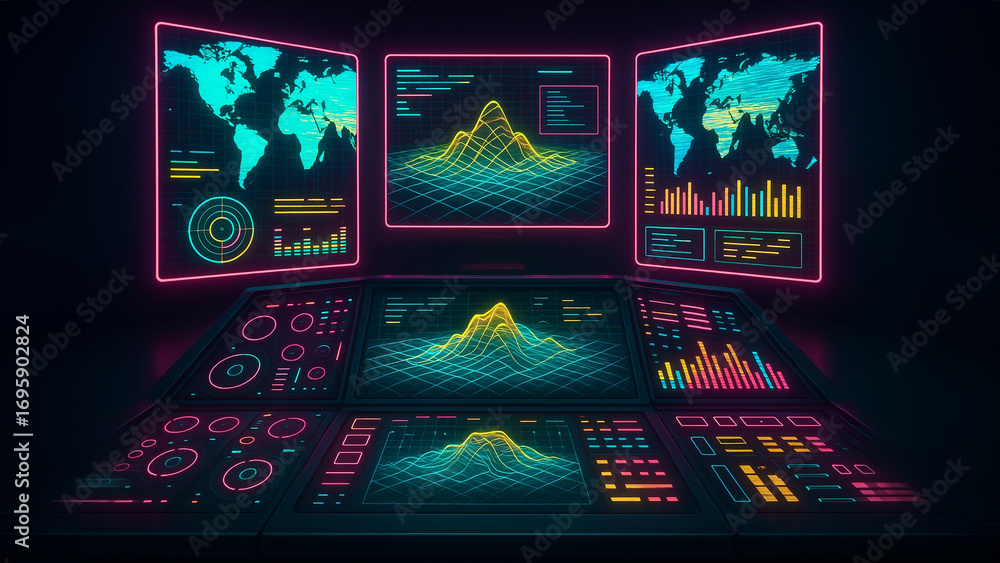 Poster cybernetic insights: an advanced technological interface, showcasing intricate data visualizations, 