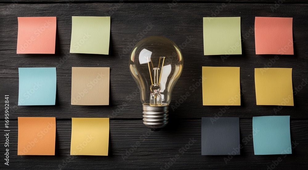 Poster Illumination: The image captures the innovative spark of a lightbulb, surrounded by array of colourful sticky notes, symbolizing the process of brainstorming and generating new ideas.