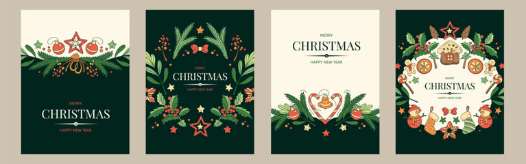 Set of vertical banners with green and red Christmas symbols. Gifts, decor and branches of plants and trees. Winter background with place for text. Seamless pattern.