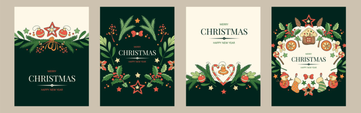 Set of vertical banners with green and red Christmas symbols. Gifts, decor and branches of plants and trees. Winter background with place for text. Seamless pattern.