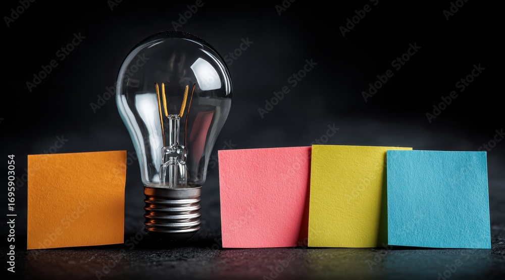 Poster idea spark: an incandescent light bulb illuminates the scene alongside colorful sticky notes, repres