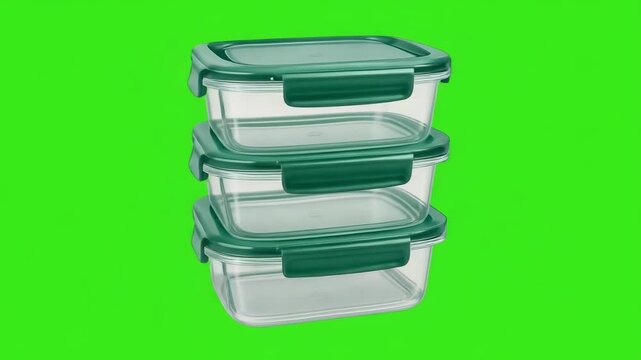 Stack of clear plastic food storage containers with green lids, stacked against a bright green background.