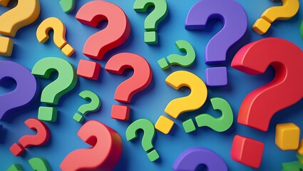 A vibrant and colorful abstract background composed of numerous question marks of various sizes and bright hues