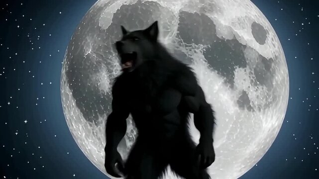 Fearsome werewolf howls under a bright full moon on a starry night.