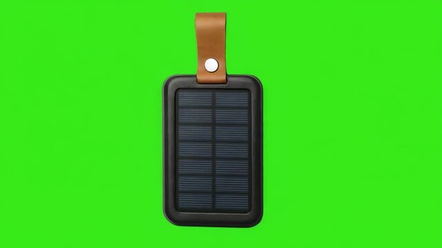 A portable solar power bank with a solar panel on the front and a strap on top, set against a bright green background.