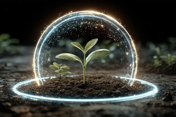 Seedling protected by a glowing, magical force field in dark soil. Use for ideas like environmental protection or nature's resilience.