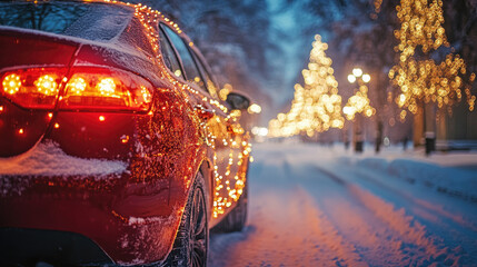 Car decorated with glowing Christmas lights moves along snowy street at night, festive holiday atmosphere and mood of winter festival in open air of city