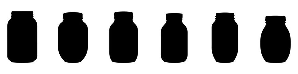 Set of black silhouettes of glass bottles or jars in various shapes. Vector illustration.
