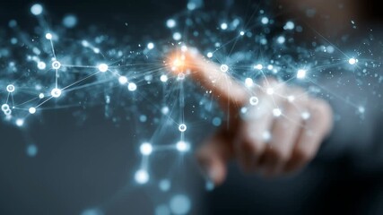 A close-up of a hand touching a digital network, representing innovation and technology at your fingertips, ideal for storytelling and branding