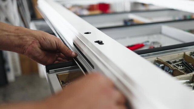 Precision factory worker installing black rubber seal into white aluminum window frame, ensuring tight weatherproof fit with professional craftsmanship and attention to detail