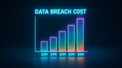Cybersecurity Data Breach Illustration: A striking, neon-lit illustration depicts the rising cost of data breaches, visualized through a vibrant bar graph against a dark, futuristic backdrop.