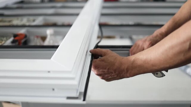 Precision factory worker installing black rubber seal into white aluminum window frame, ensuring tight weatherproof fit with professional craftsmanship and attention to detail