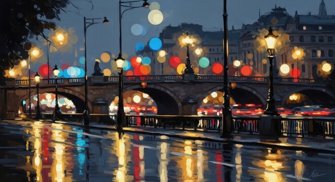 City Bridge at Night with Bokeh Lights, Painting