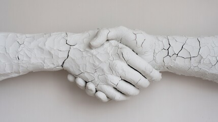 Two cracked clay hands shaking, representing fragile agreement, broken trust, failed partnership, or unstable contract. Concept for rescission, termination and fragile cooperation.