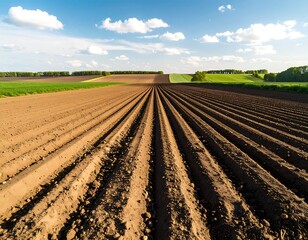 Plowed fields stretch under a clear sky
