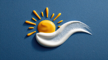 Sun protection concept with cream smear resembling sun and wave on blue background.