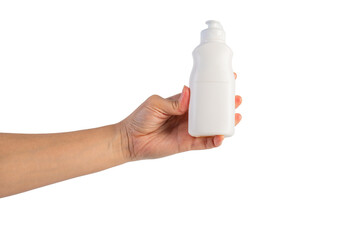 White bottle product in hand on transparent background