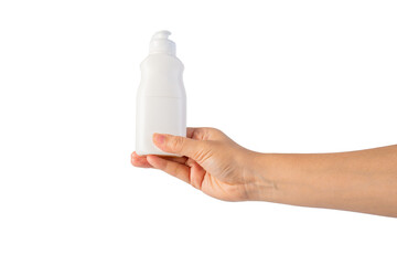 White bottle product in hand on transparent background