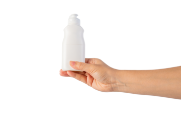 White bottle product in hand on transparent background