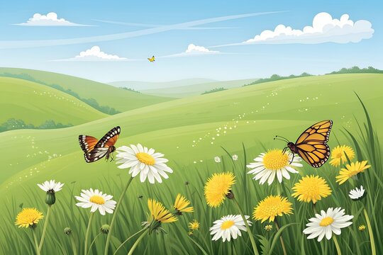 Fototapeta A bright countryside scene with rolling green hills, a blue sky with scattered clouds, and a meadow of daisies and dandelions where orange‑and‑black butterflies are flying.