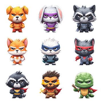 Animal Heroes Assemble: A vibrant illustration depicts a diverse group of animated animal characters, each clad in superhero costumes and ready for action. A showcase of bravery and adventure. 