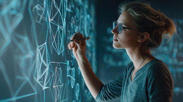 Woman teacher drawing complex holographic geometric patterns on a virtual board.