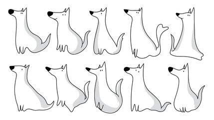 Set of cute, minimalist dog illustrations in various poses.