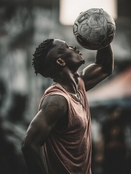 Athletic Grace: A skilled athlete balances a worn soccer ball with confident poise, showcasing his passion for sport in a dynamic action shot.