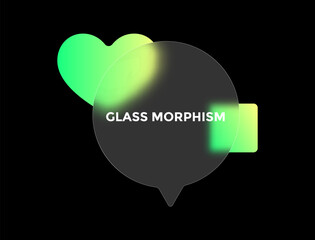 A rounded, semi-transparent speech bubble intersects with bright green geometric figures, showcasing the trendy glass morphism style in a modern digital design context.