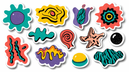 Colorful abstract shapes resembling flowers and clouds on a transparent background.