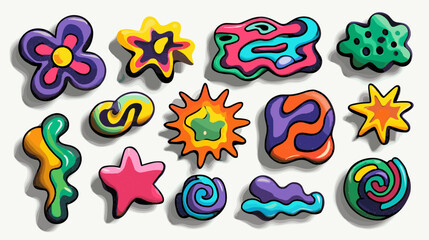 Colorful abstract shapes resembling flowers and clouds on a transparent background.