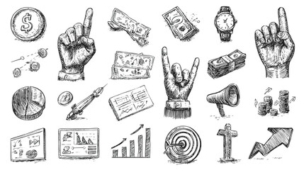 Hand-drawn sketch of various business and finance symbols, including hands making gestures, money stacks, charts, and a globe.