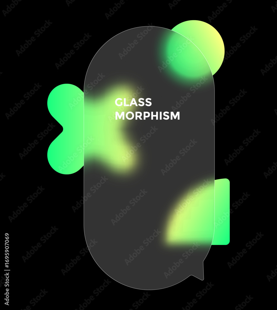 Poster rounded speech bubble design with glass morphism effect and intersecting geometric figures in bright